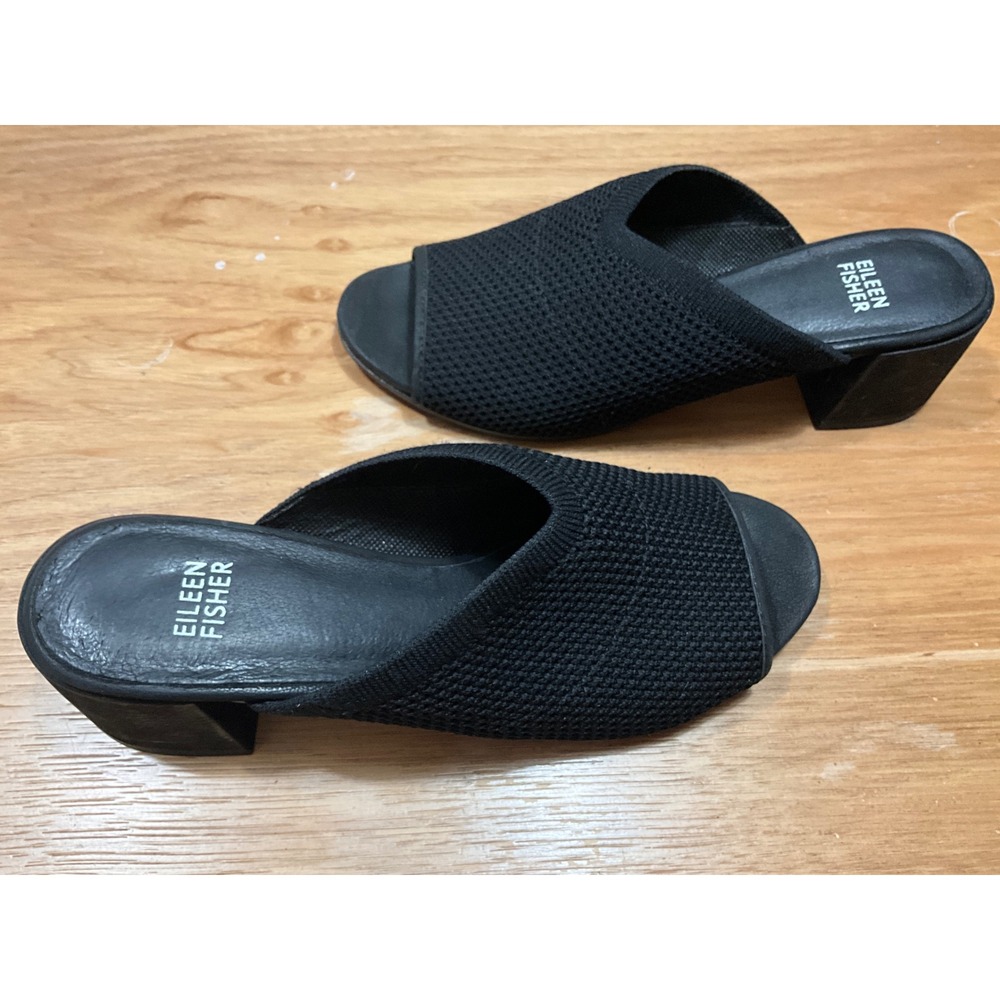 Eileen Fisher Black Stretch Knit Block Heel Slide Sandals Mules Women 8